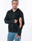 Model showing arm access of Black Full Zip Hoodie