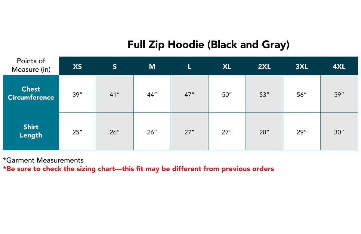 Specs for Full Zip Hoodie in Gray and Black colorways