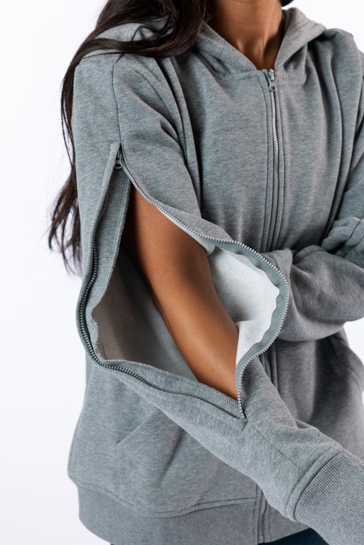 Closeup of open arm zipper