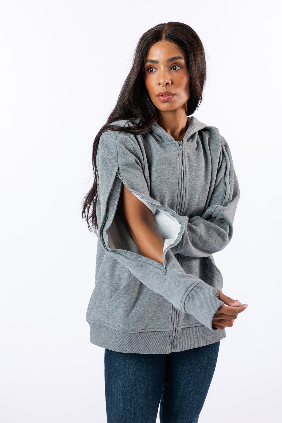 Model showing open arm zipper on gray Full Zipper Hoodie