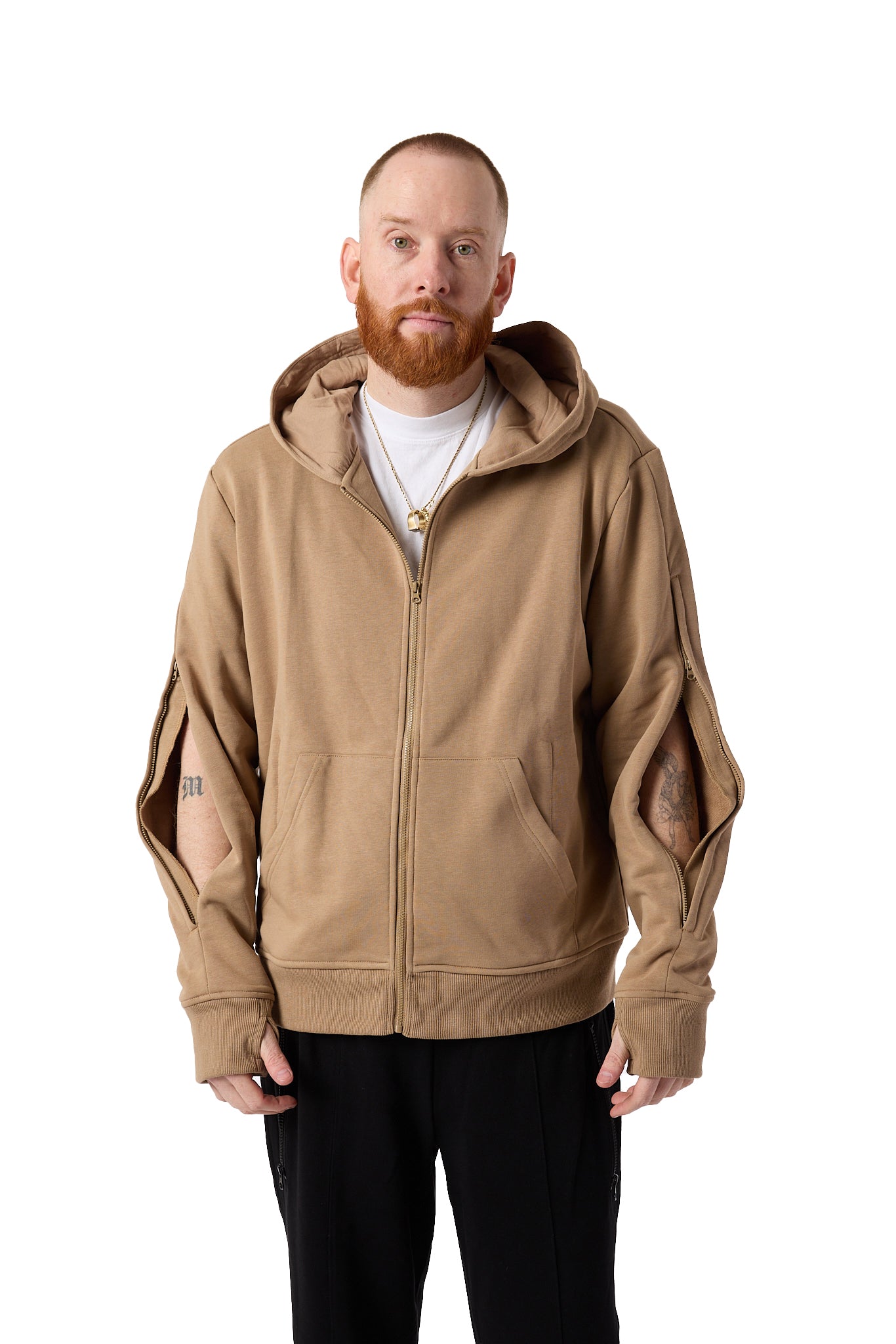 Mike wearing Full Zip Hoodie with open arm zippers