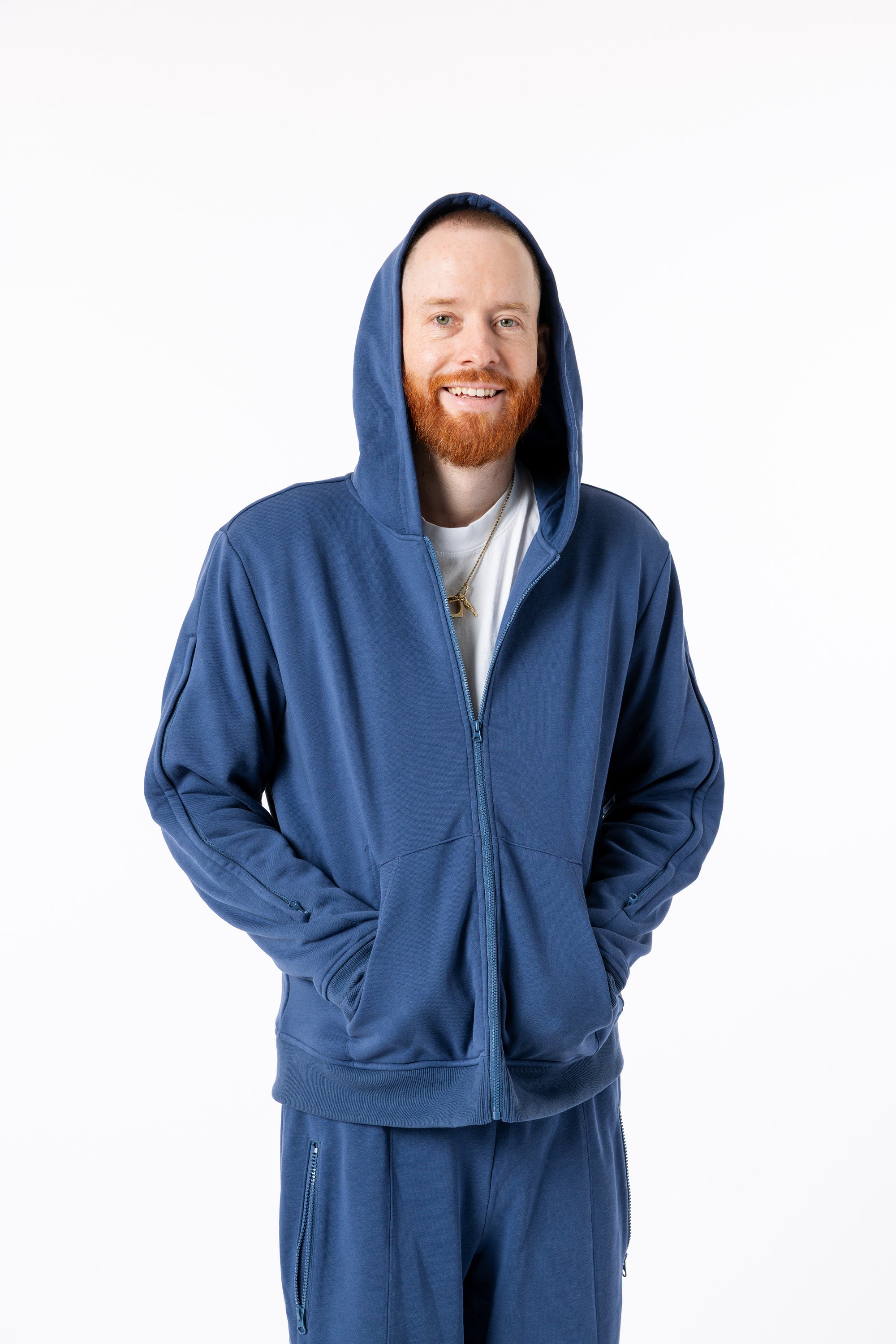 Mike wearing Navy Full Zip Hoodie with hood on