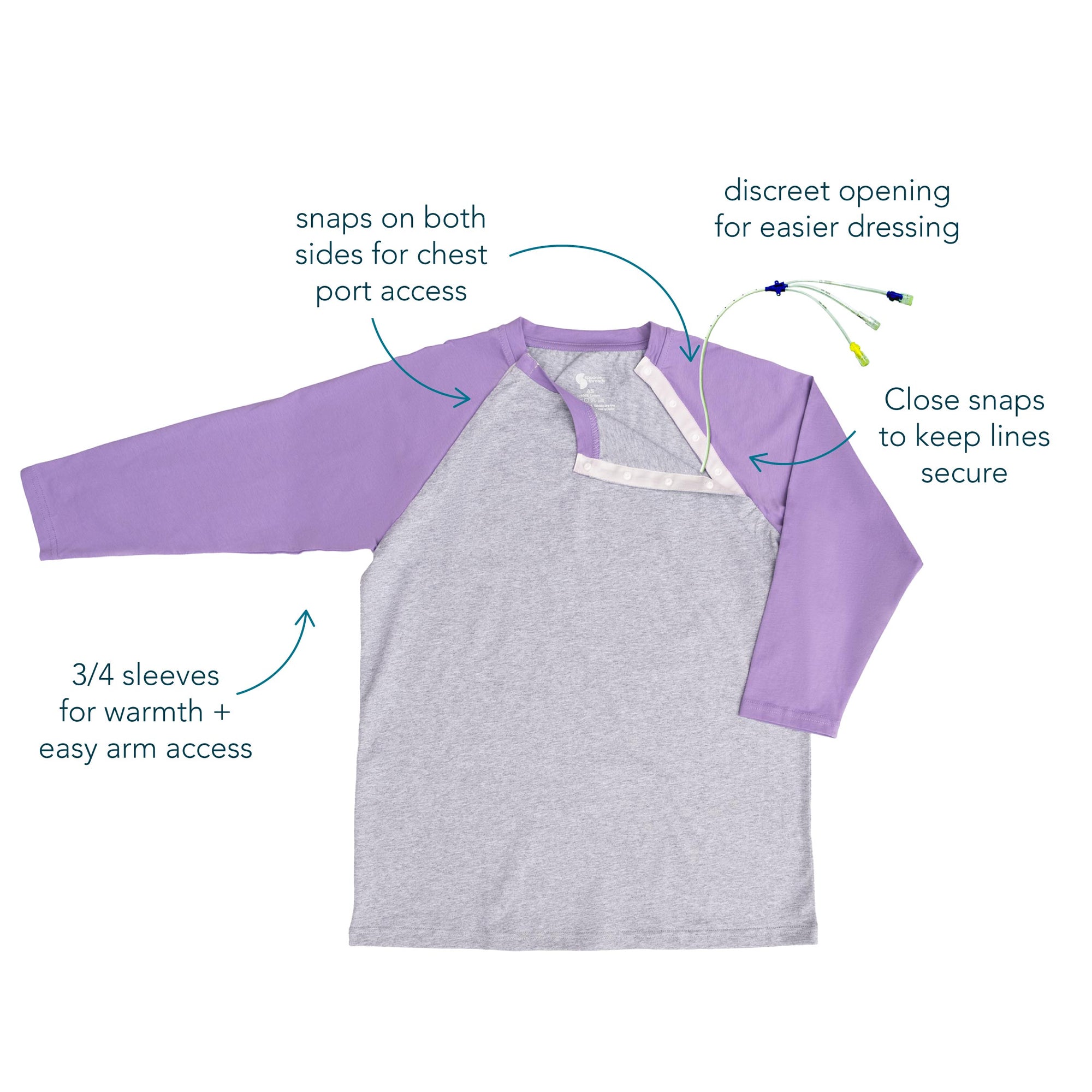 Purple Raglan Access tee with features highlighted