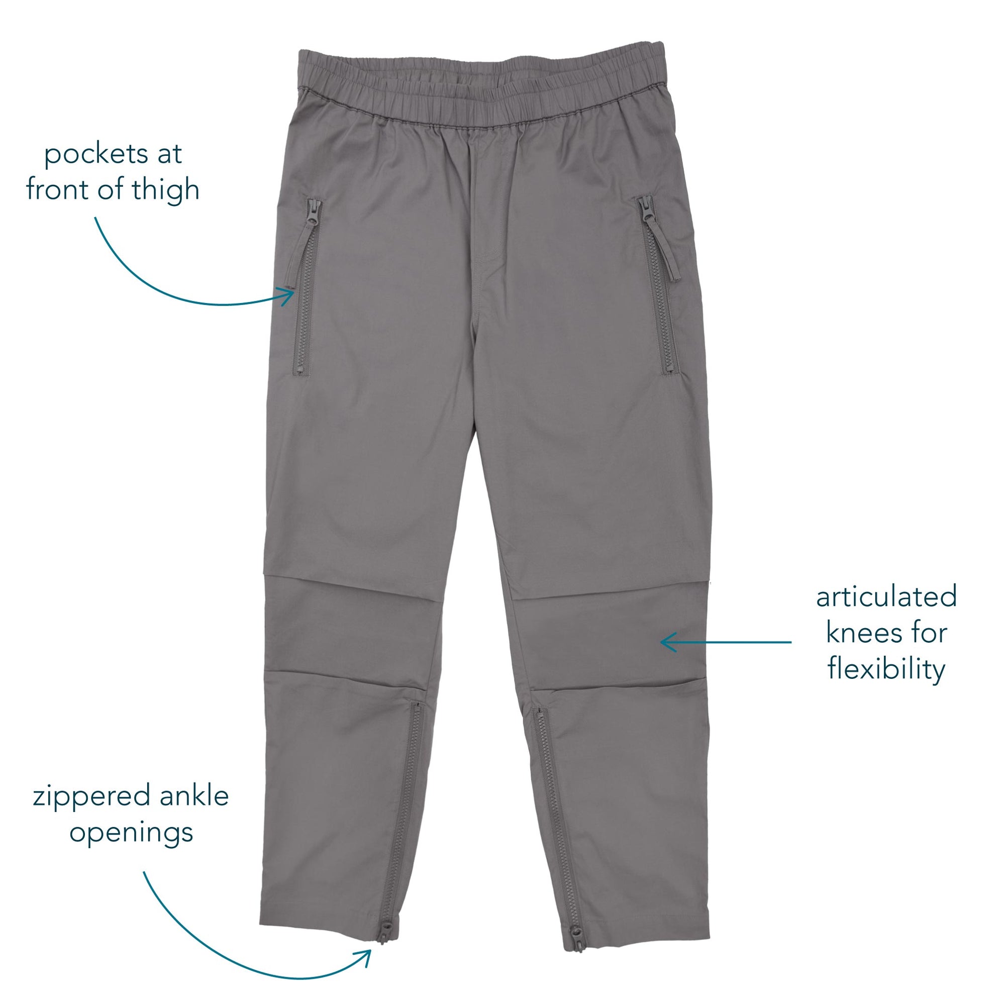 Casual Zip Pants with diagram showing features