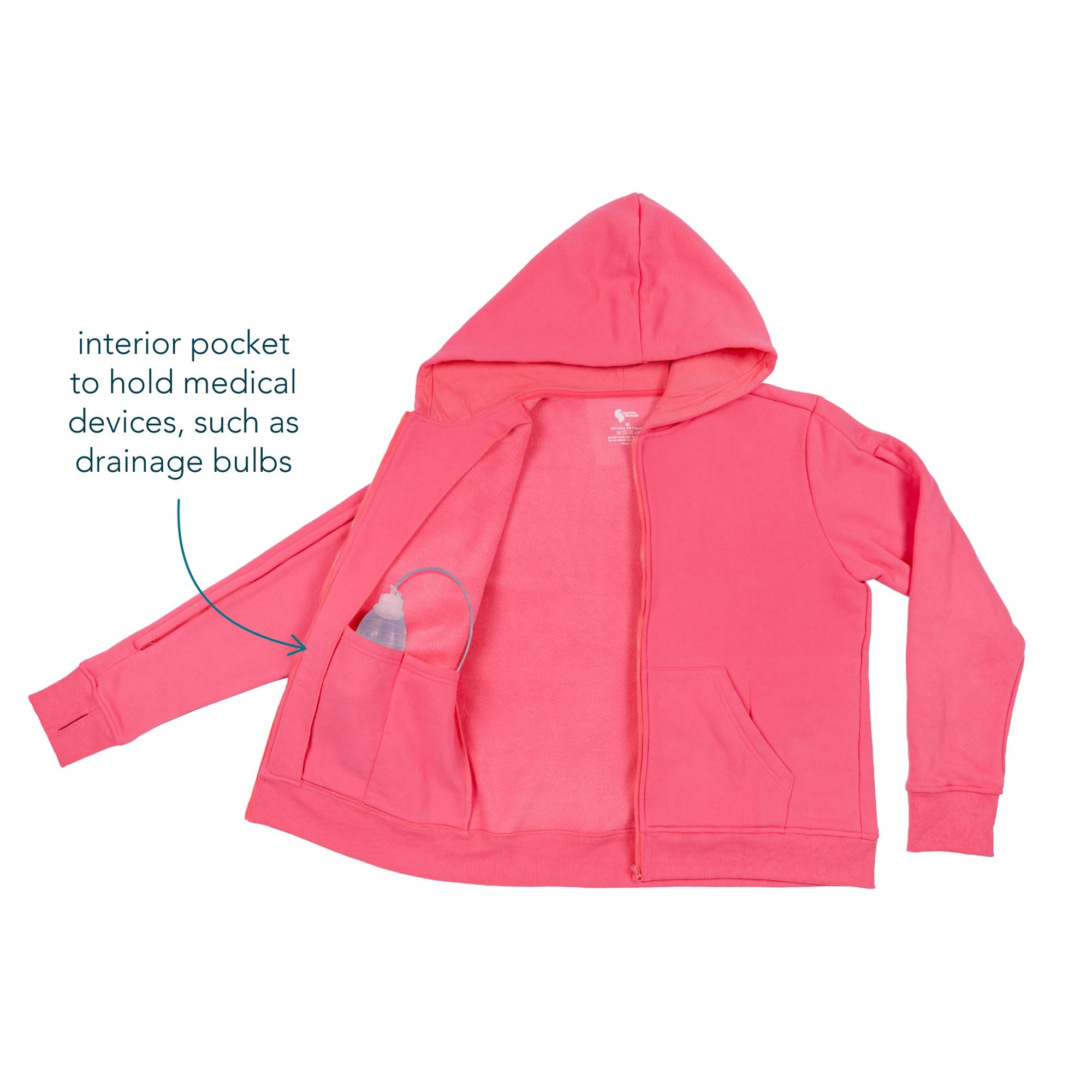 Full Zip Hoodie showing interior pocket to hold medical devices, such as drainage bulbs