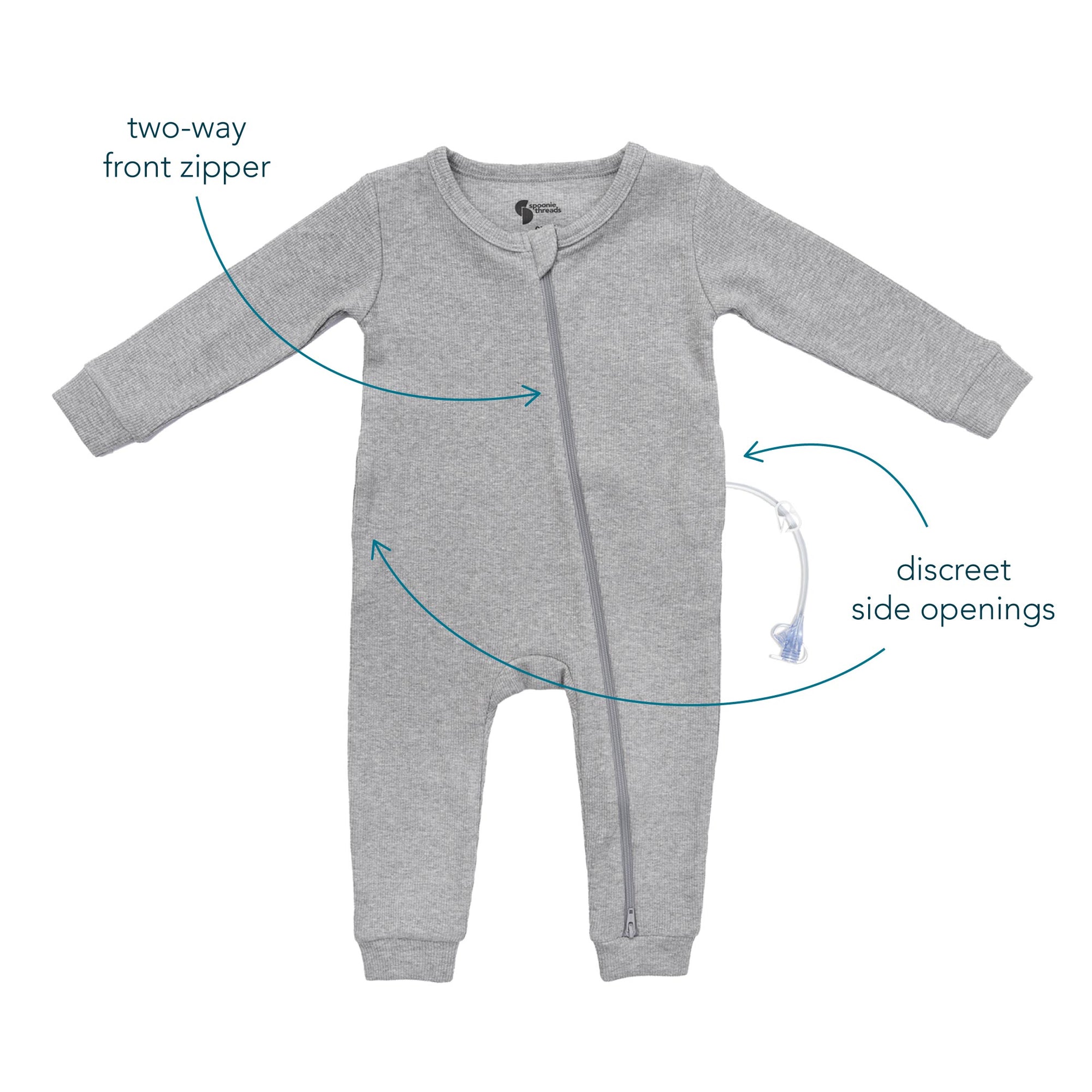 Features of G-Tube Pajamas, including two-way front zipper and discreet side openings