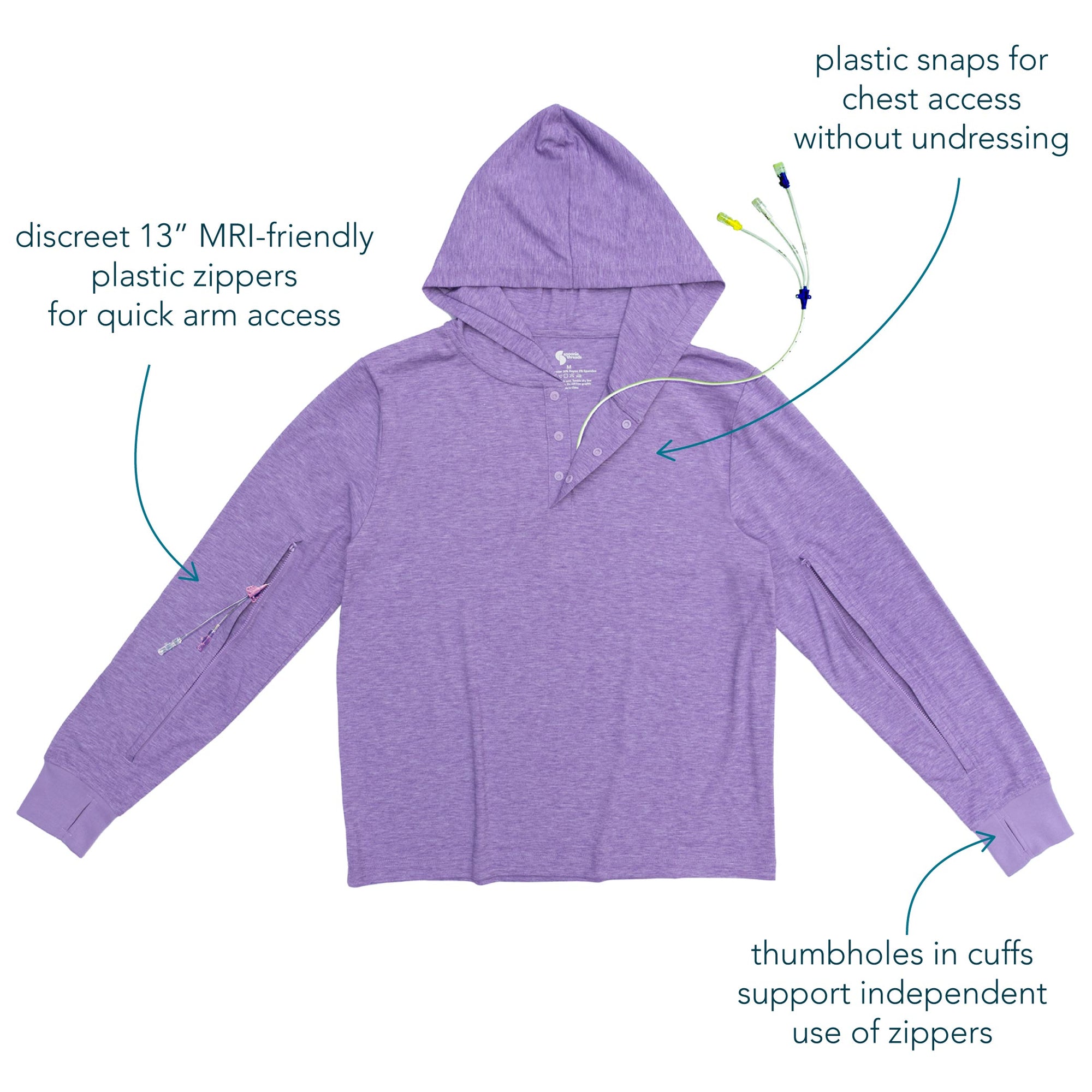 Sleeve and Chest Access Hooded Top Diagram showcasing functional features of garment