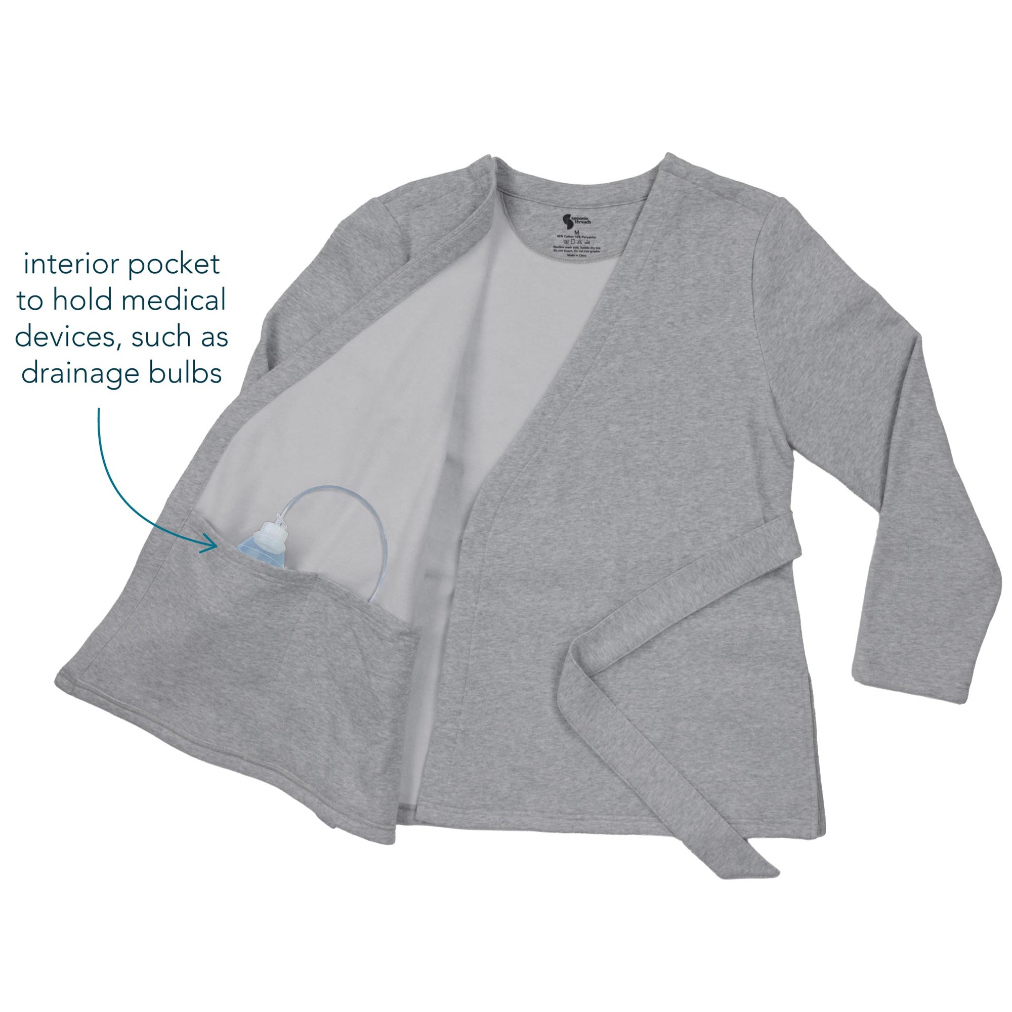 Wrap Blouse showing interior pocket to hold medical devices, such as drainage bulbs