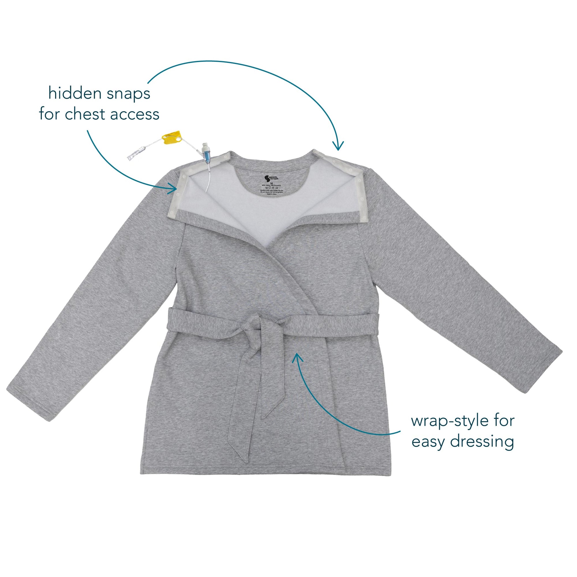 Access Wrap Top showing hidden snaps for chest access and wrap-style for easy dressing