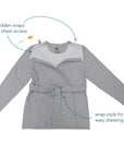 Access Wrap Top showing hidden snaps for chest access and wrap-style for easy dressing