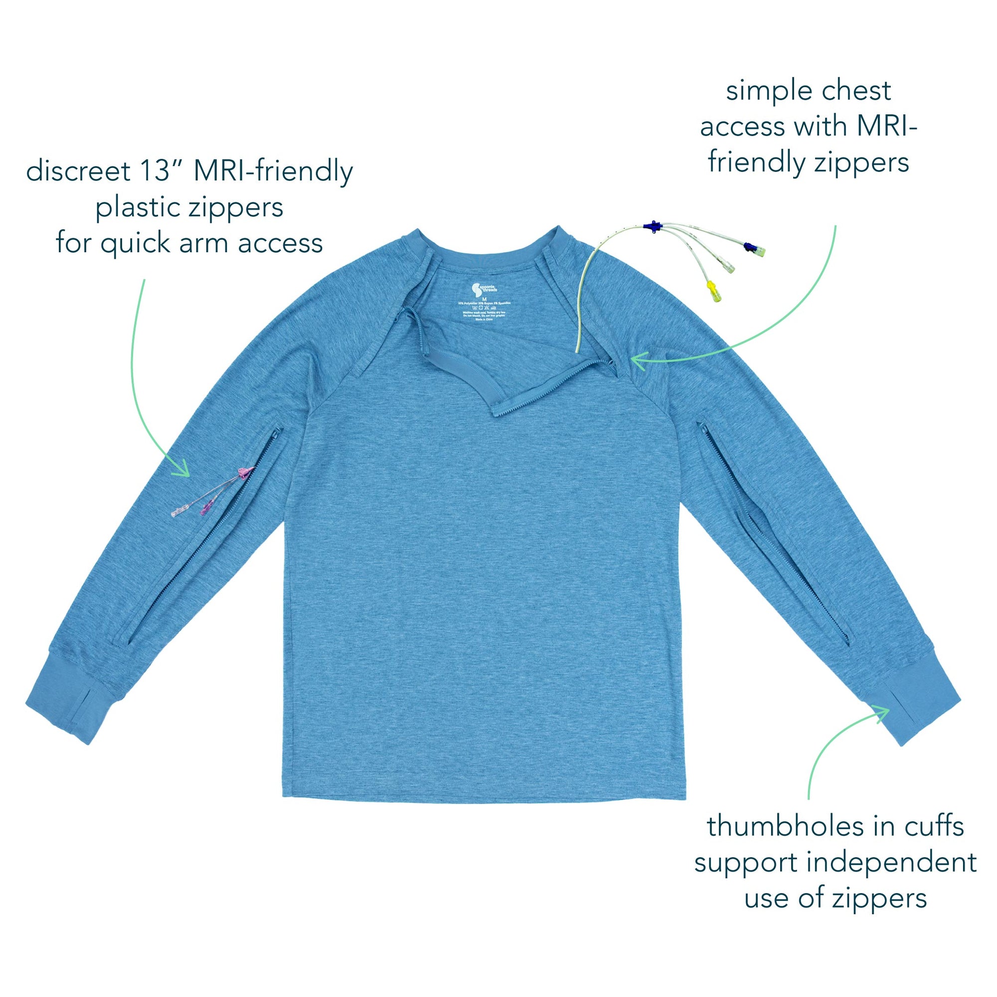 Raglan and Arm Zip Access Long Sleeve Tee Diagram showcasing functional features of garment