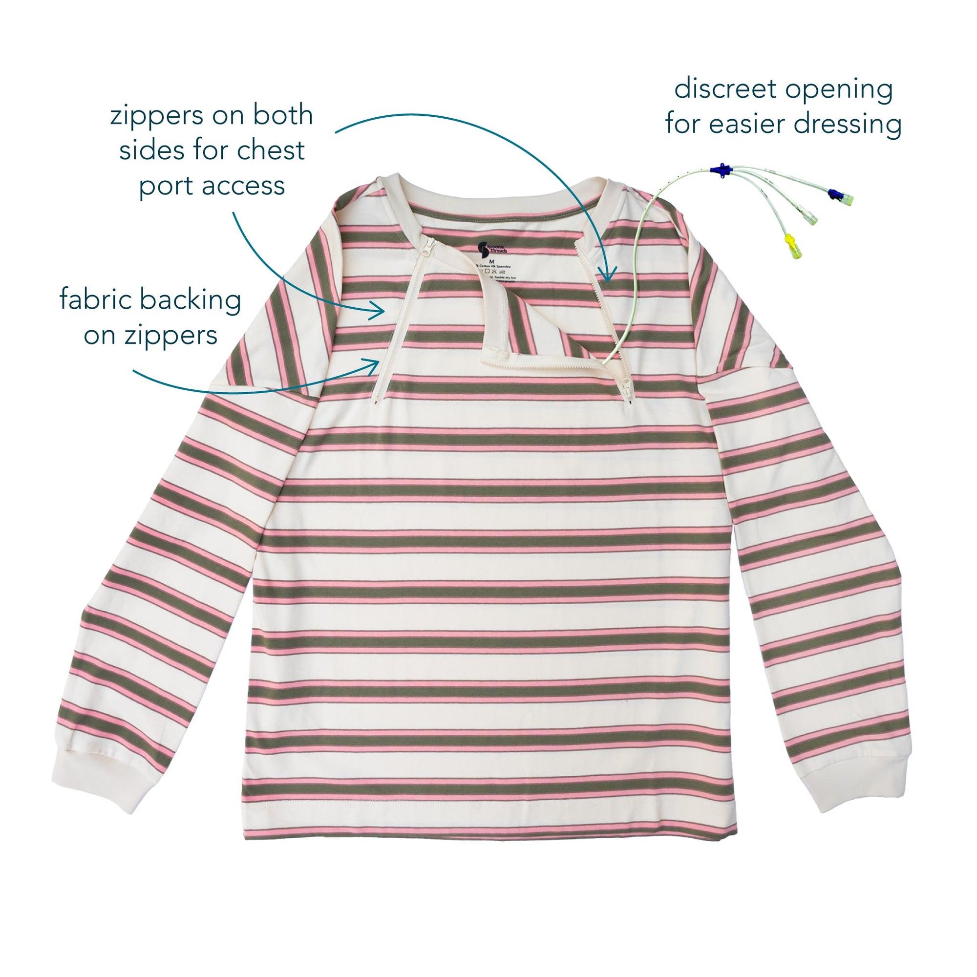 Features of Yarn Dye Chest Access Tee including discreet opening for easier dressing, zippers on both sides for chest port access, fabric backing on zippers