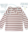 Features of Yarn Dye Chest Access Tee including discreet opening for easier dressing, zippers on both sides for chest port access, fabric backing on zippers