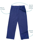 Features of Zip Access Pants, including dual side zippers at waistband, pockets at front of thigh, and zippered ankle openings