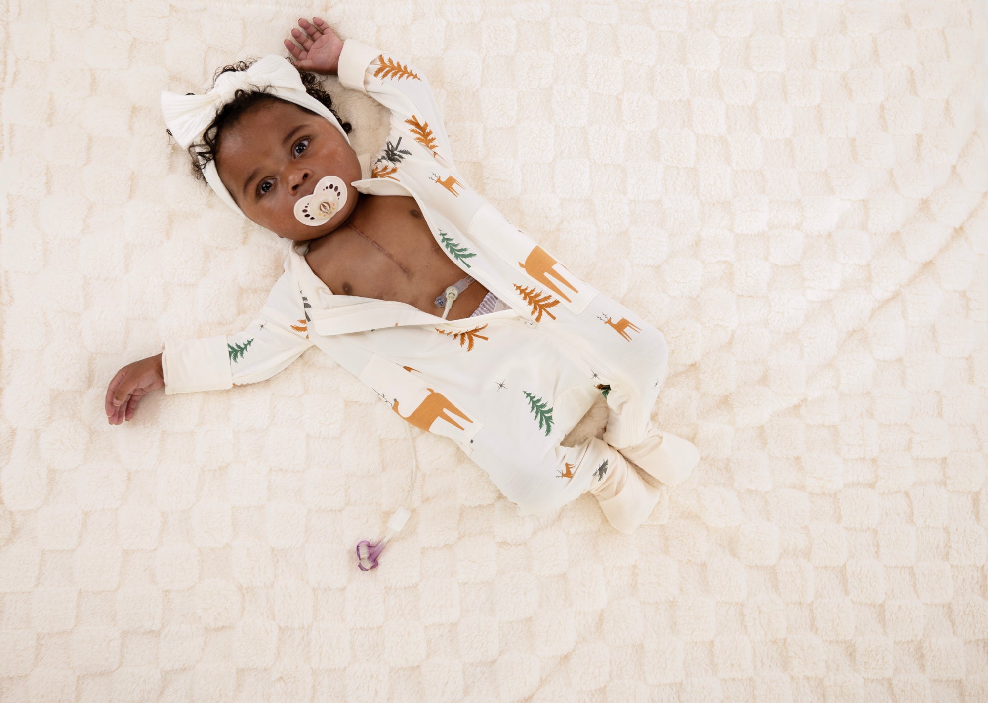 Baby with open Thru the Trees G-Tube Pajamas