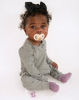 Baby in gray Heather Gray Rib G-Tube Pajamas with g-tube