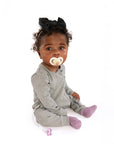 Baby in open Heather Gray Rib G-Tube Pajamas with G-Tube showing