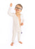 Child wearing open Vintage White Rib G-Tube Pajamas with g-tube