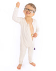 Child wearing open Vintage White Rib G-Tube Pajamas with g-tube