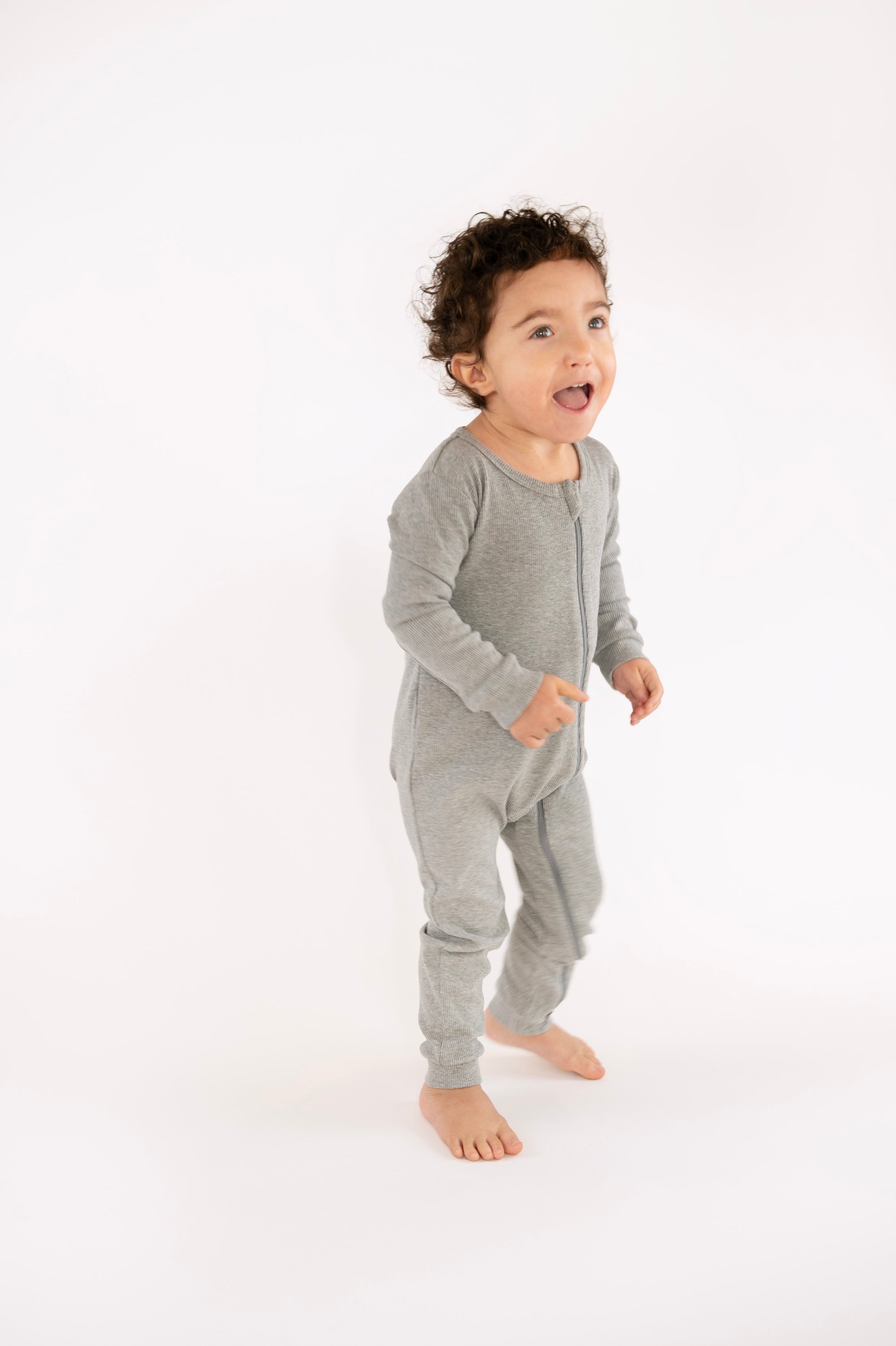 Child standing wearing Heather Gray Rib G-Tube Pajamas