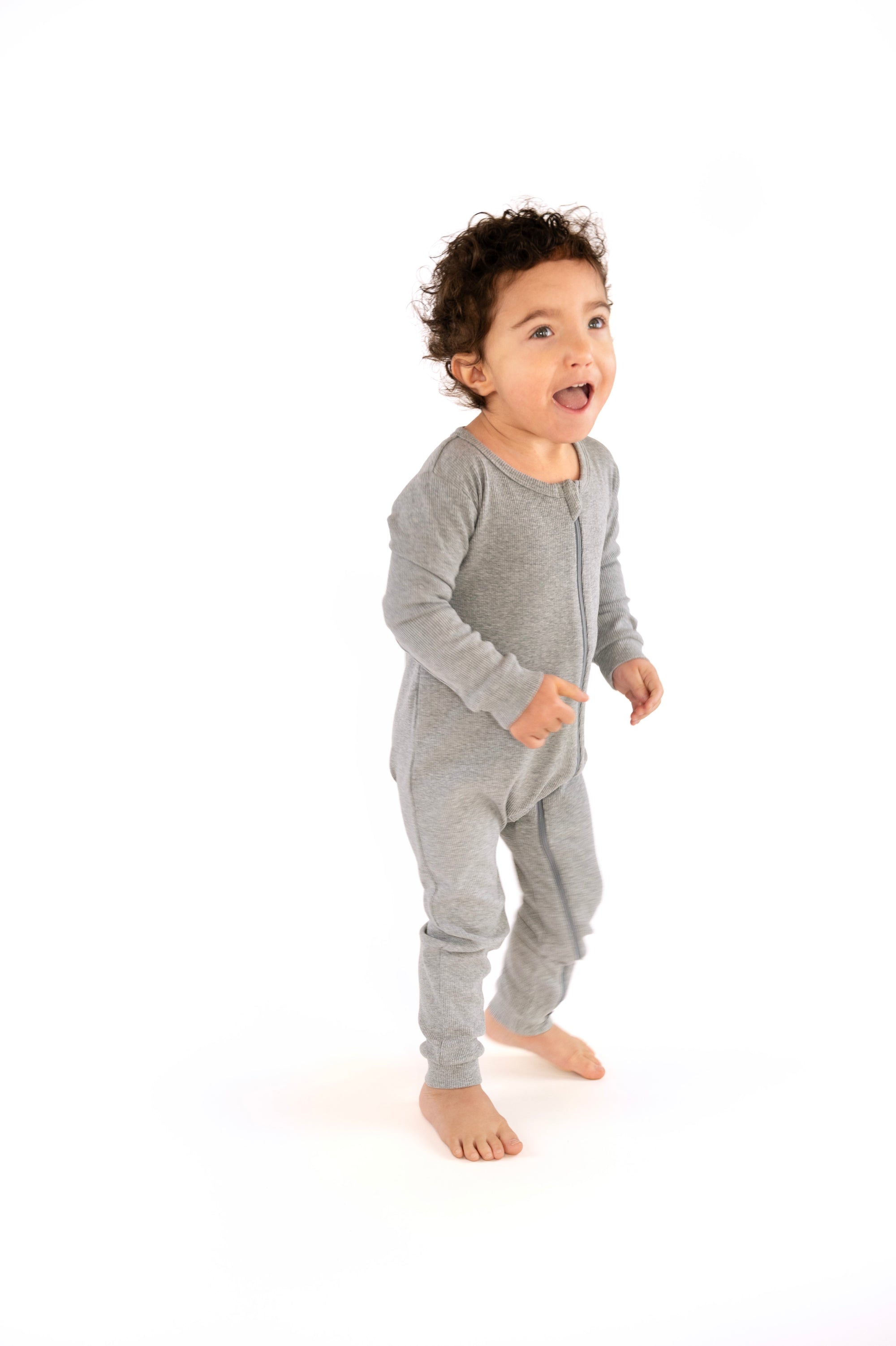 Child standing wearing Heather Gray Rib G-Tube Pajamas