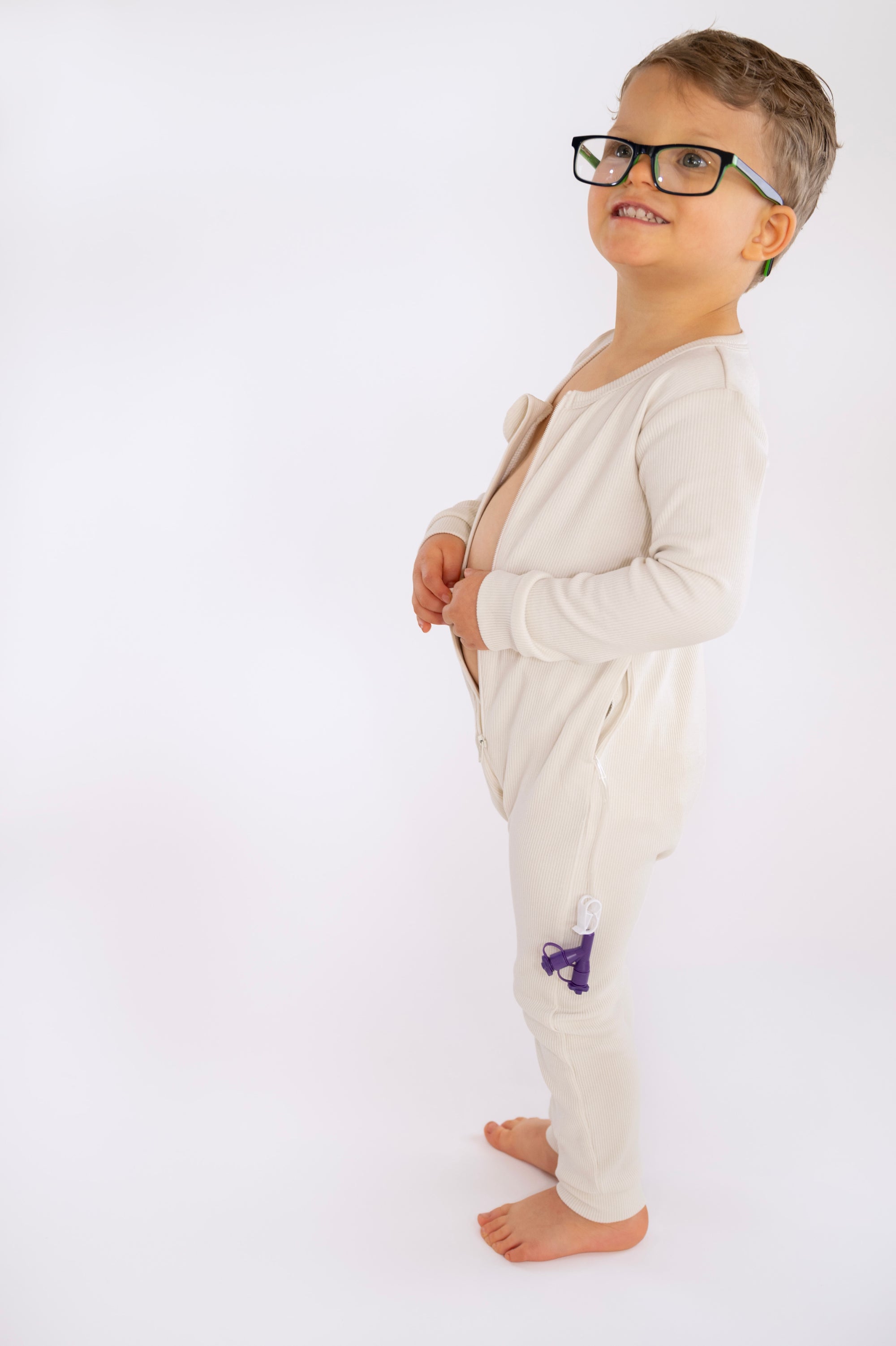 Child posing wearing open Vintage White Rib G-Tube Pajamas