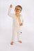 Child wearing open Vintage White Rib G-Tube Pajamas with g-tube
