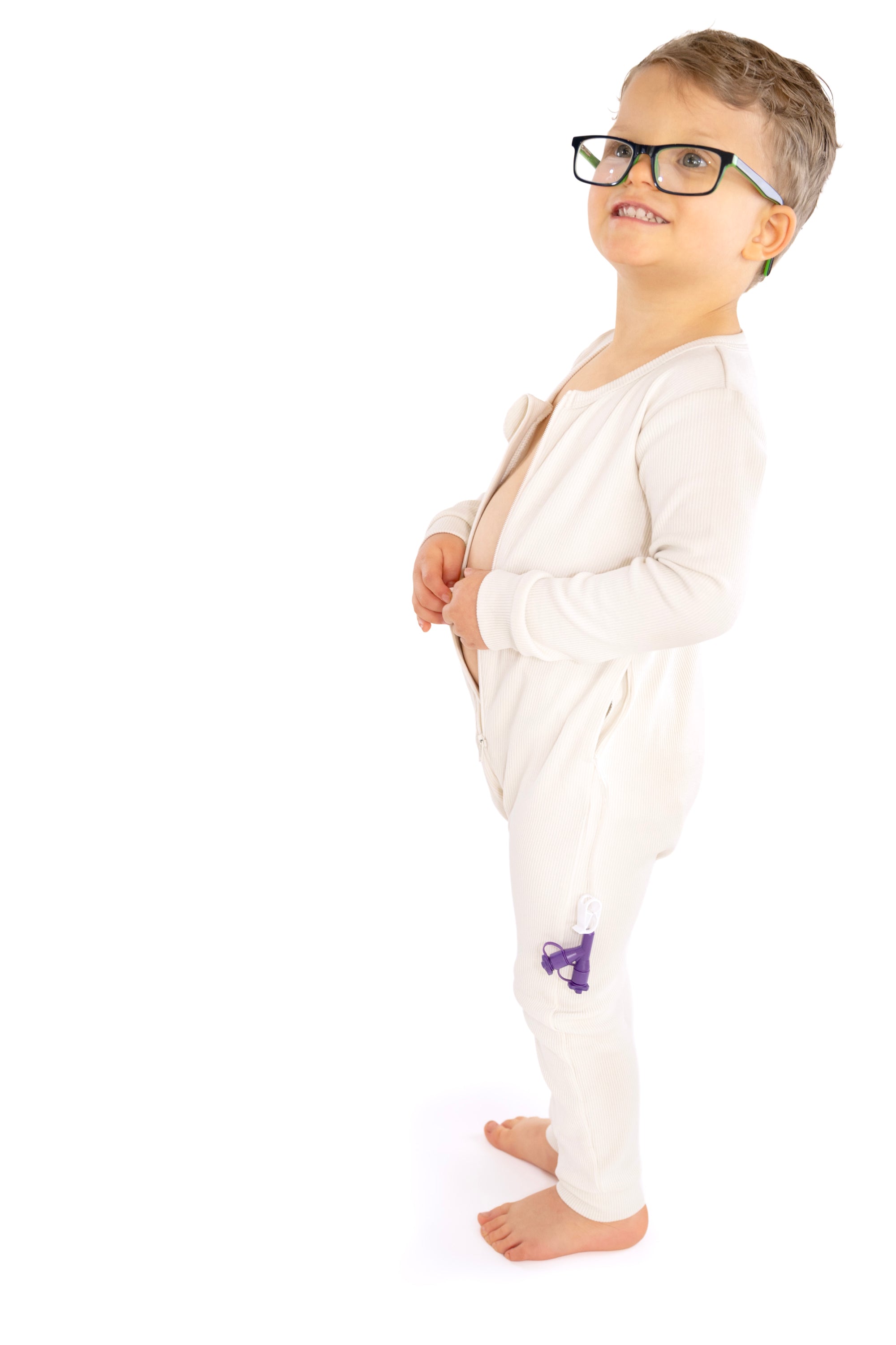 Child posing wearing open Vintage White Rib G-Tube Pajamas