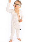 Child wearing open Vintage White Rib G-Tube Pajamas with g-tube