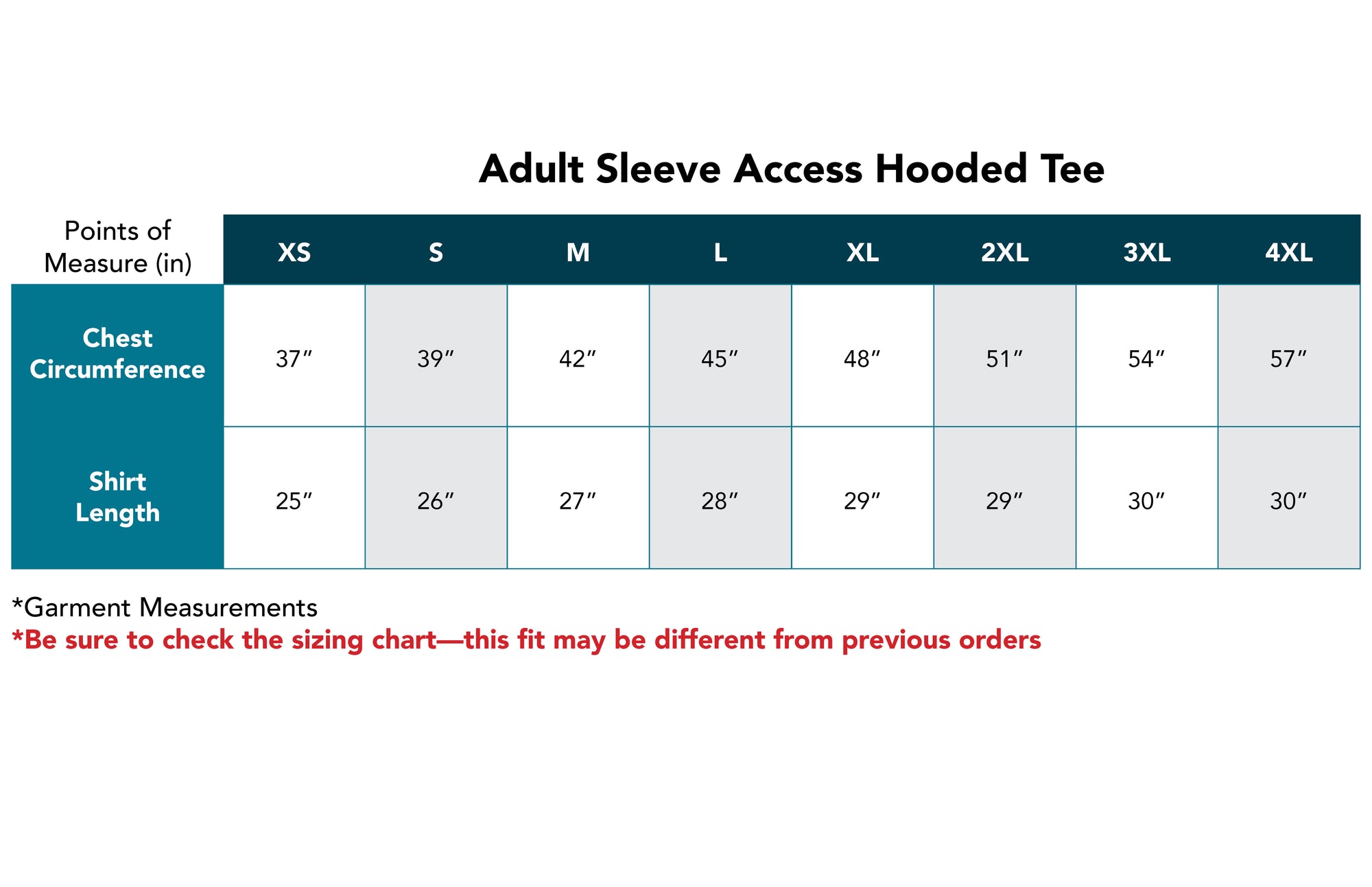 Sizing chart for Adult Sleeve Access Hooded Tee with chest circumference and shirt length measurements.