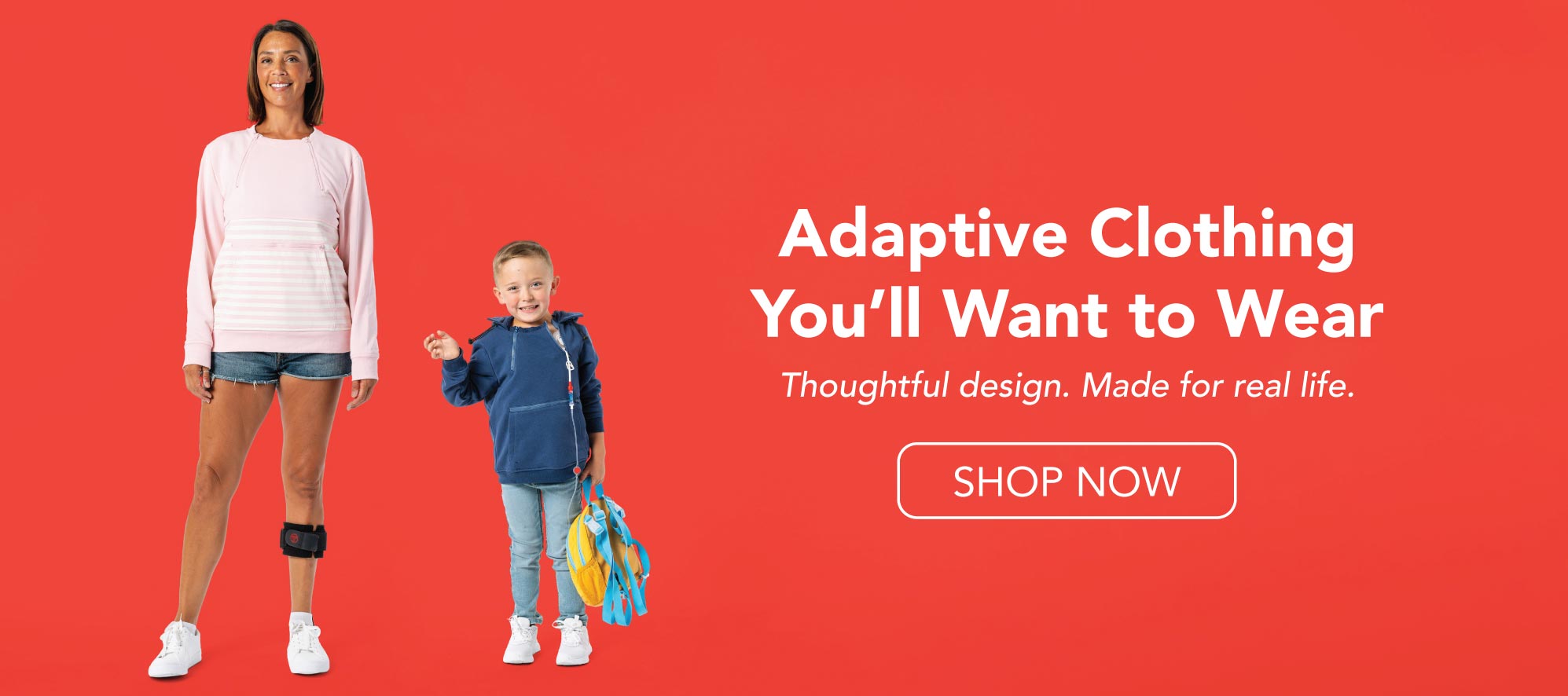 Graphic showing adult and child in Spoonie Threads apparel. Adaptive Clothing You'll Want to Wear: Thoughtful design. Made for real life. Shop Now