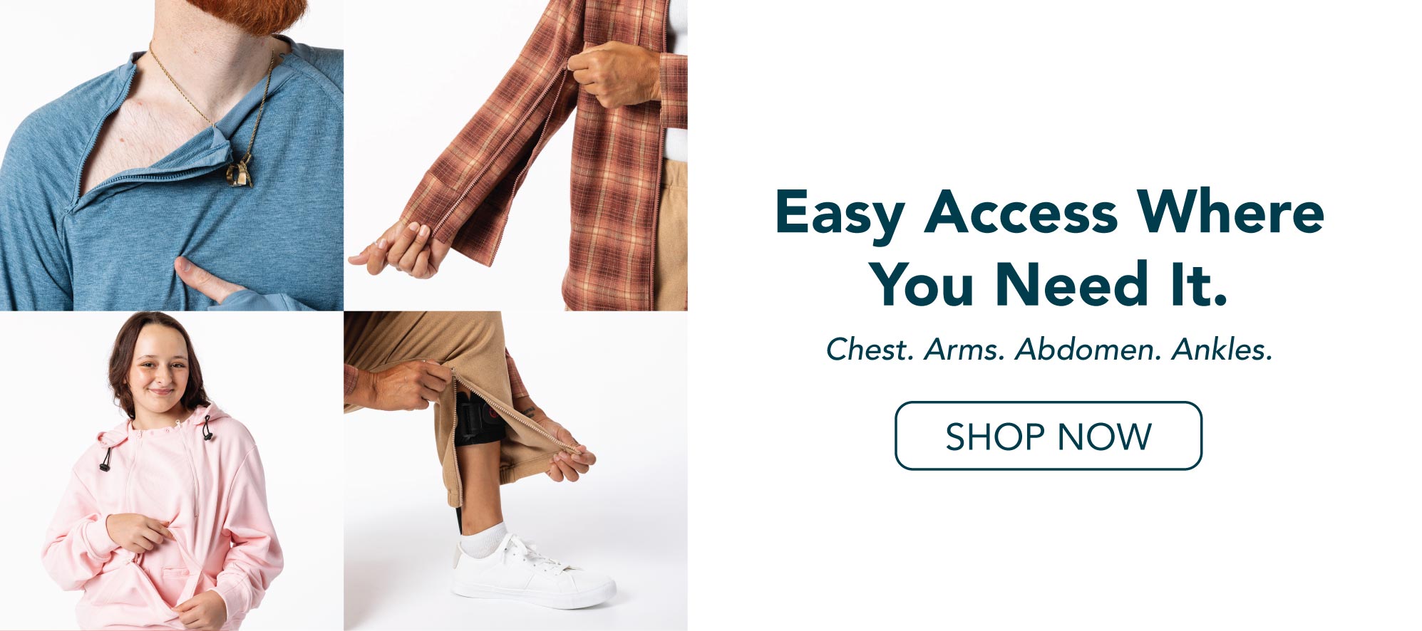 Collage showing chest port access, arm access, abdomen access, and leg access. Text saying "Easy Access Where You Need It. Chest. Arms. Abdomen. Ankles. Shop Now"