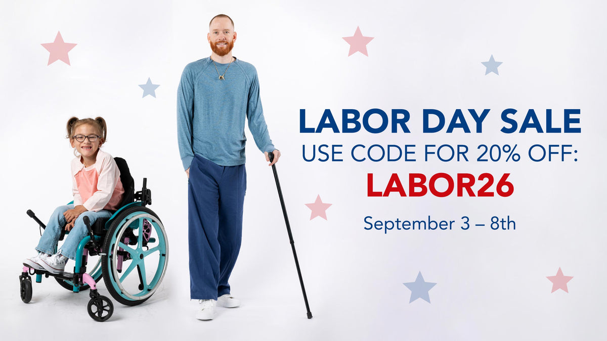 A promotional Labor Day sale graphic featuring a man in a blue long-sleeve shirt and navy pants standing with a black cane, next to a young girl in a blue wheelchair. The background is white with scattered pink and blue stars, and the text reads 'LABOR DAY SALE USE CODE FOR 20% OFF: LABOR26 September 3 - 8th'.