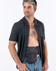 Male model wearing black Magnetic Dress shirt and Elastic Ostomy Wrap Support belt