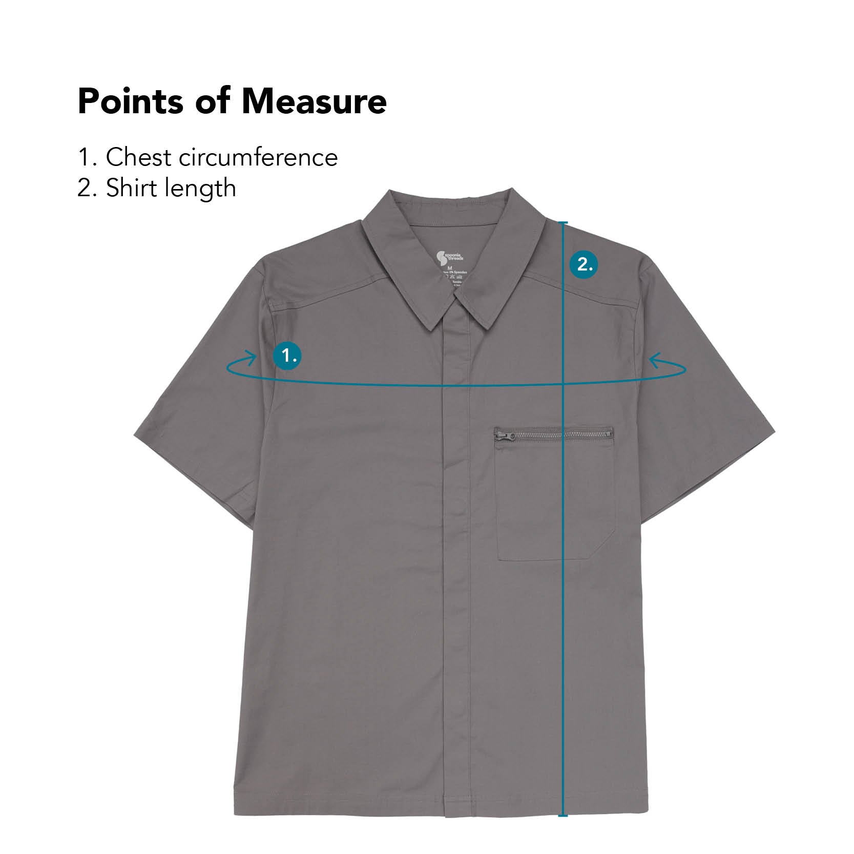 Points of measure describing chest circumference and shirt length