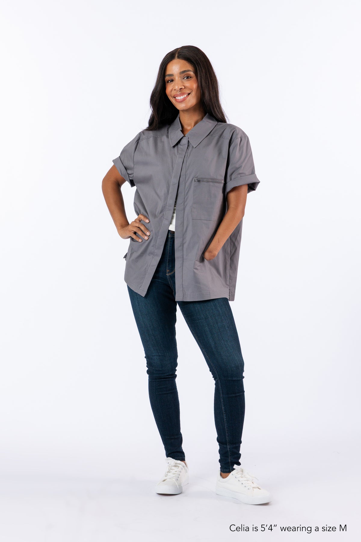 Celia is 5'4" wearing a size M