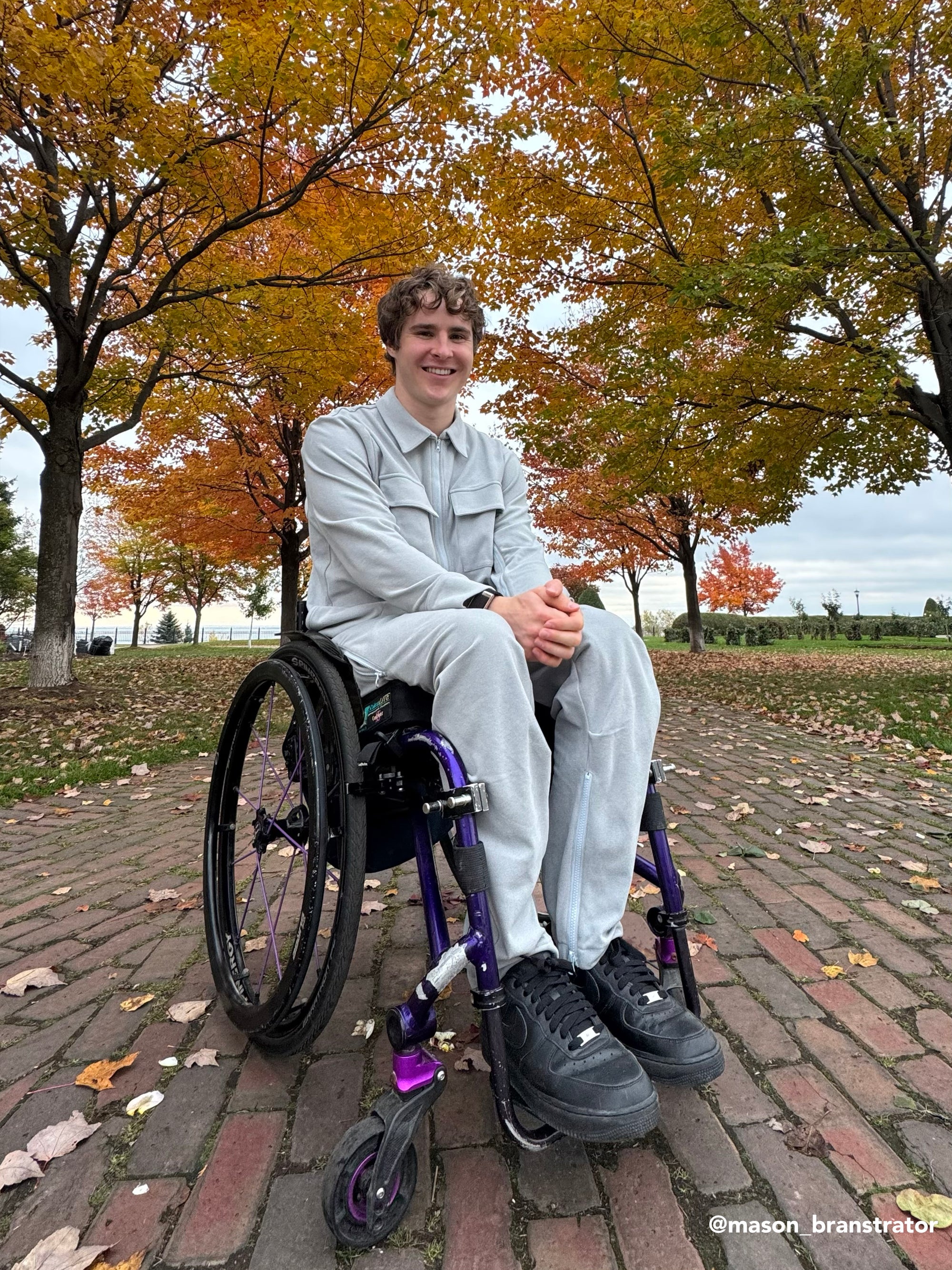 @Mason_Branstrator wearing Stone Felt Zip Access Shacket and Stone Felt Zip Access Pant in wheelchair