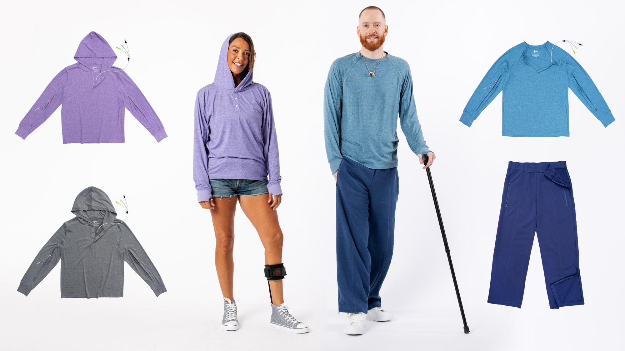 Woman wearing Hooded Access Tee with ankle brace, Man wearing Raglan and Arm Access Tee with Zip Access Pants with cane
