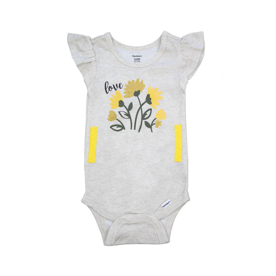 Gray Flowery Love Flutter Sleeve Onesie