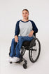 Woman in wheelchair wearing Navy Adult Raglan Chemo Port Access Tee Shirt