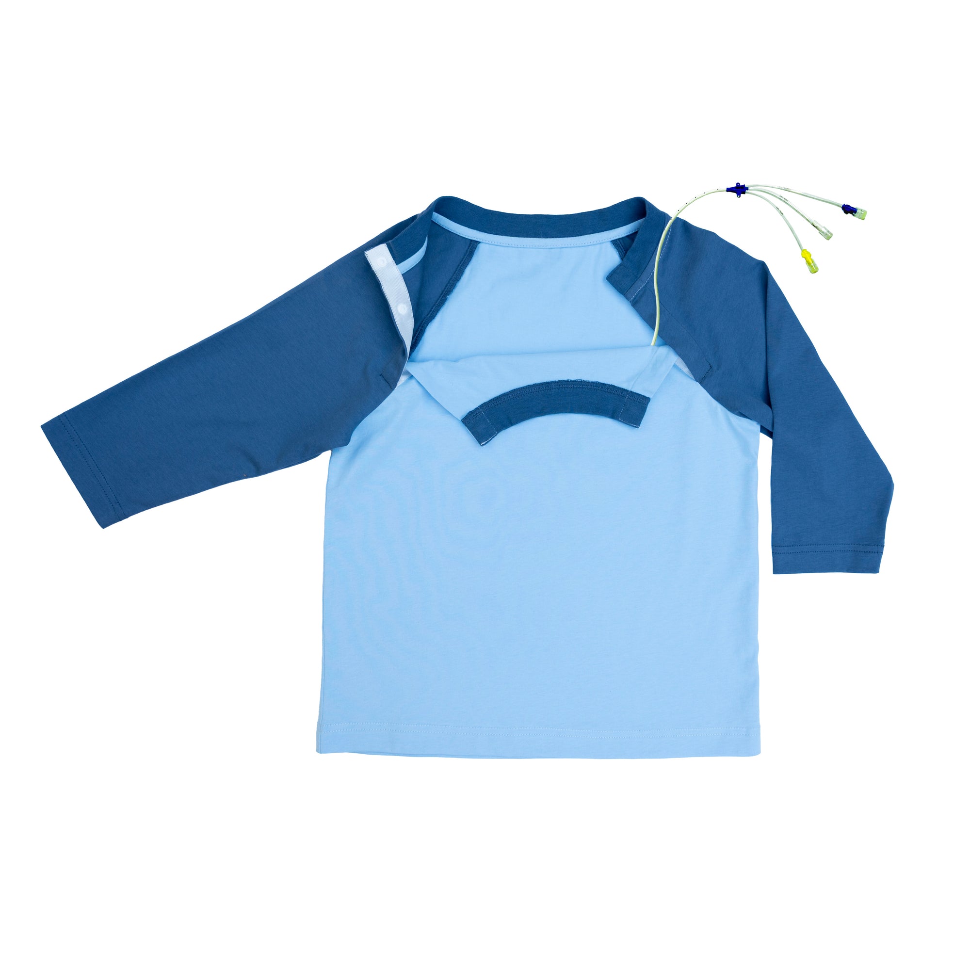Flat of Blue CB Kids Raglan Access Tee with medical device