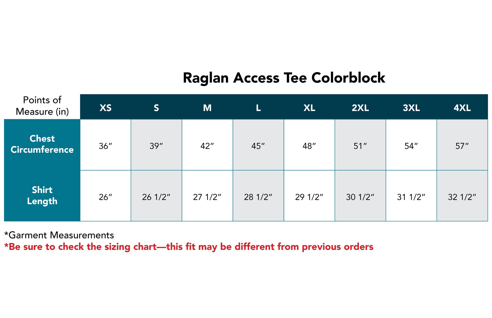 Raglan Access Tee Colorblock Size Chart