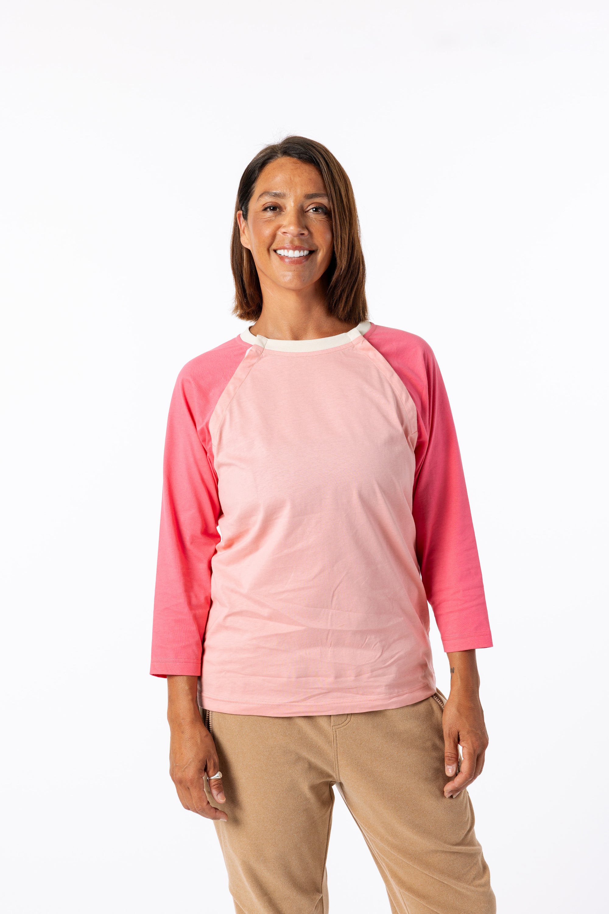 Closeup of Michelle wearing Raglan Chemo Port Access Tee