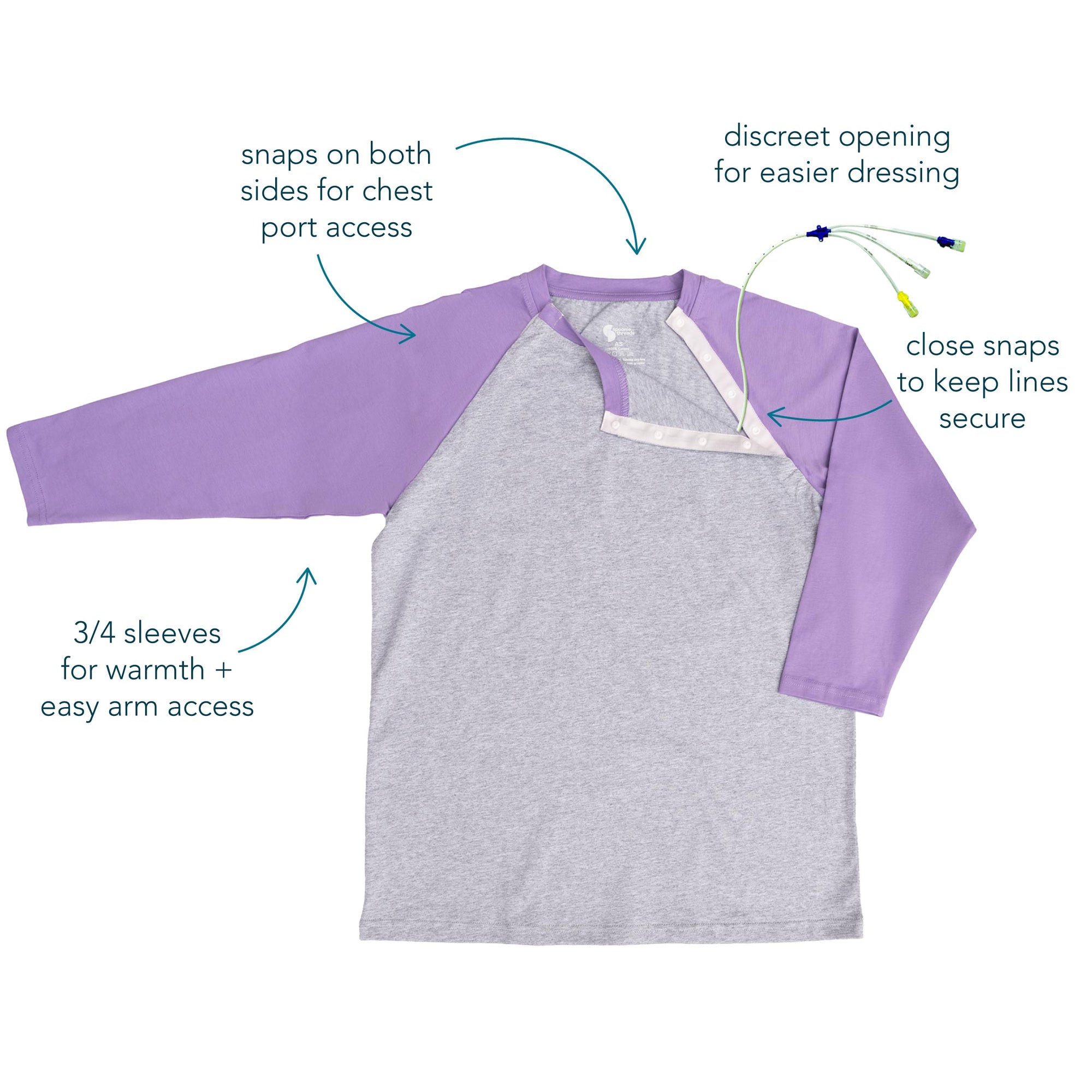 Purple Raglan Access tee with features highlighted