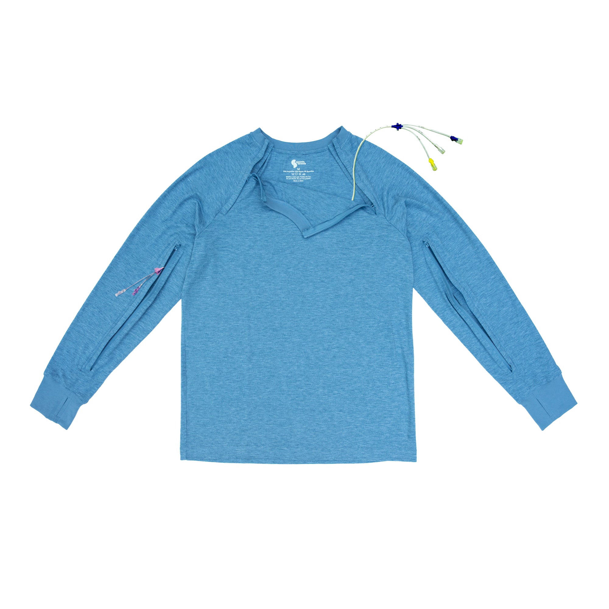 Flat of Raglan and Sleeve Zip Access Long Sleeve Tee with medical devices