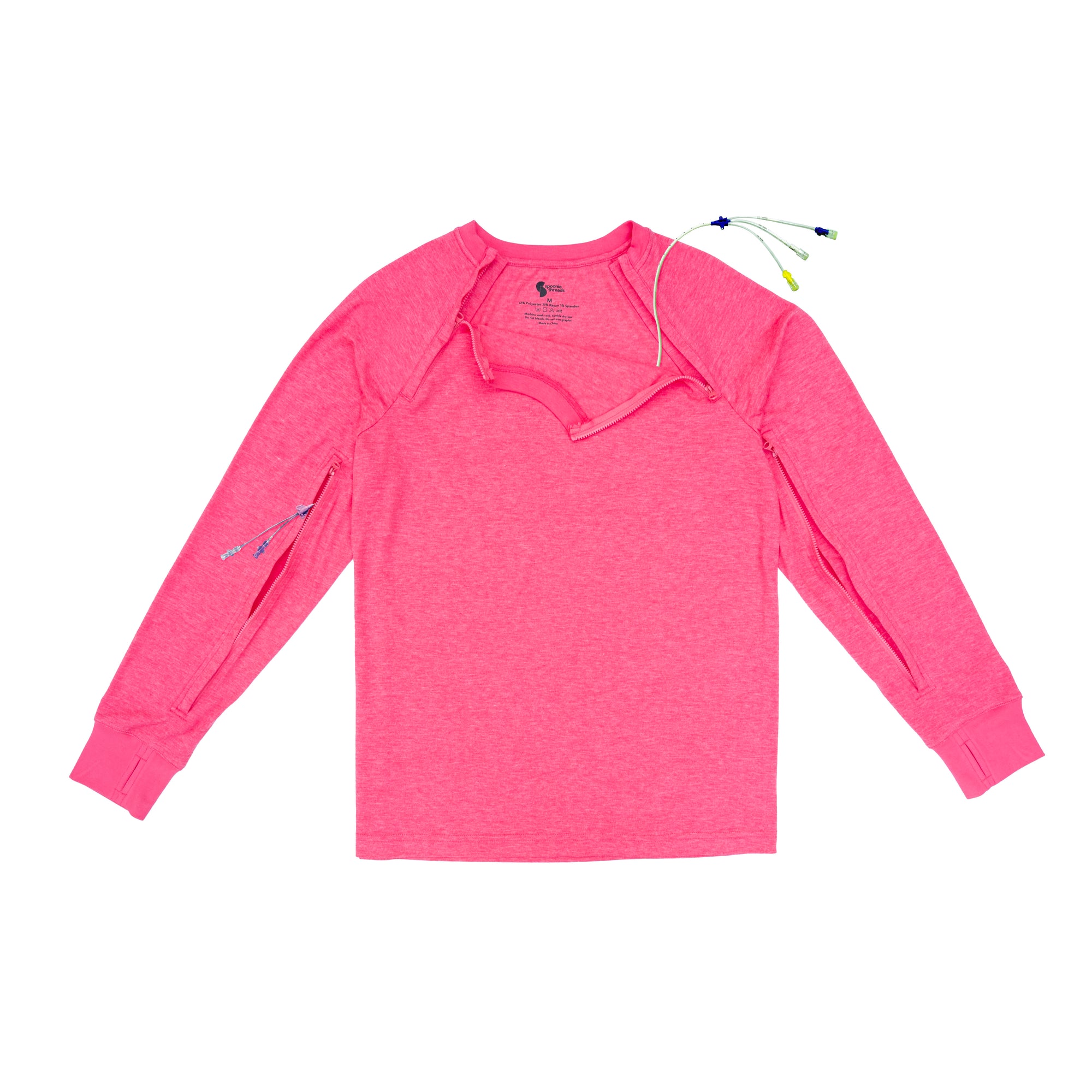 Flat of Sunset Adult Raglan and Sleeve Zip Access Long Sleeve tee with multiple medical devices