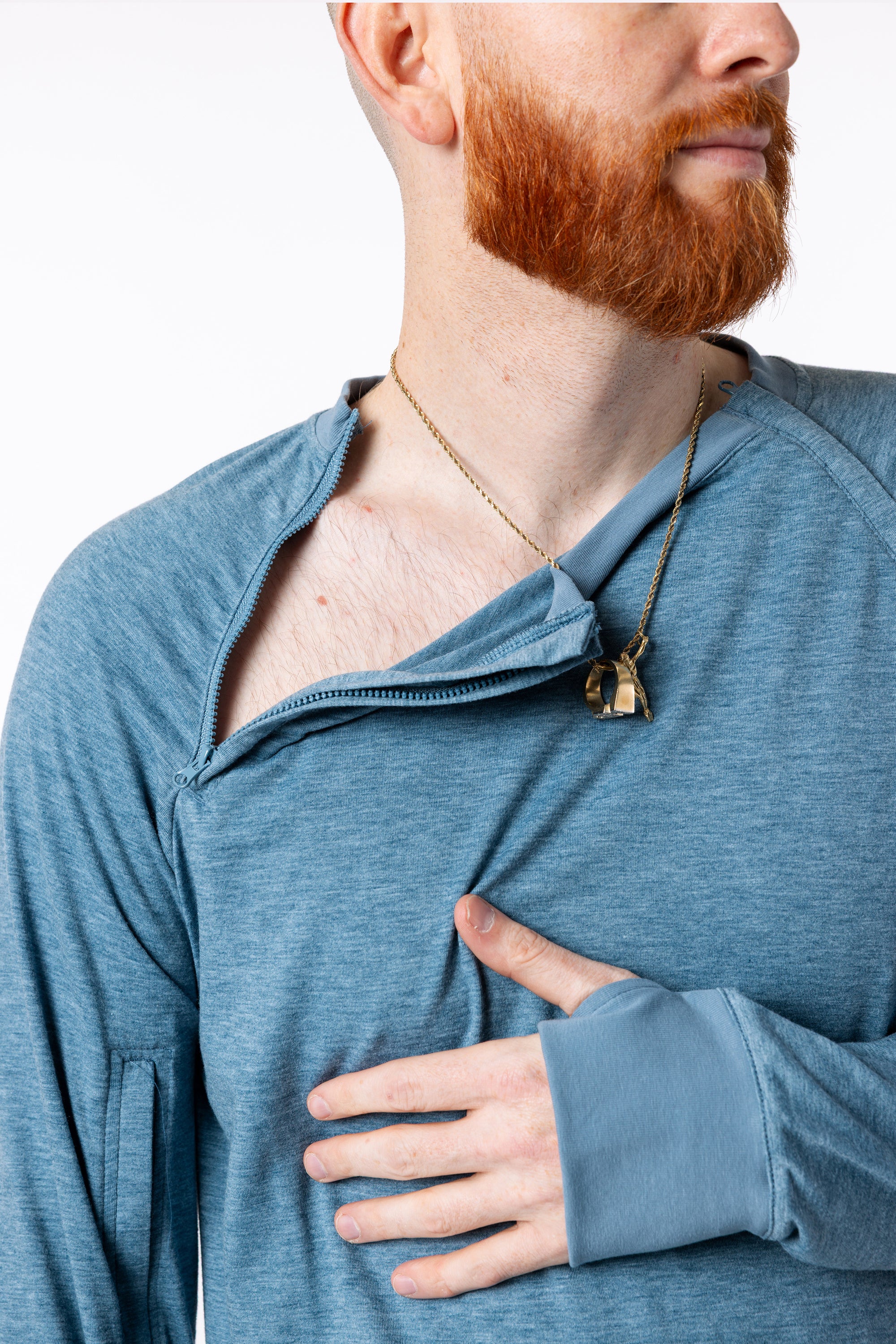 Mike showcasing open chest zipper