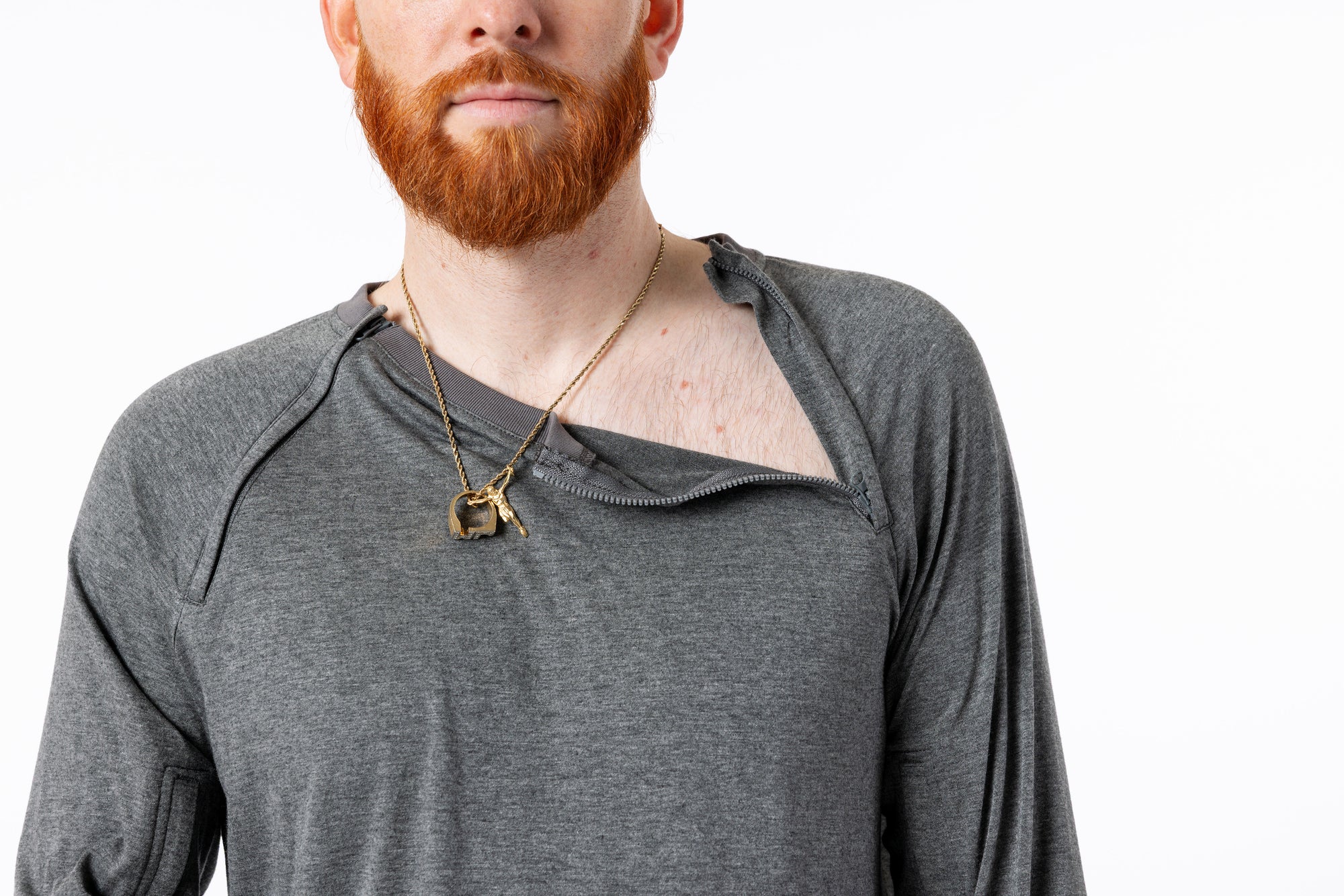 Mike wearing Raglan and Sleeve Zip Access Tee with Chest zipper open