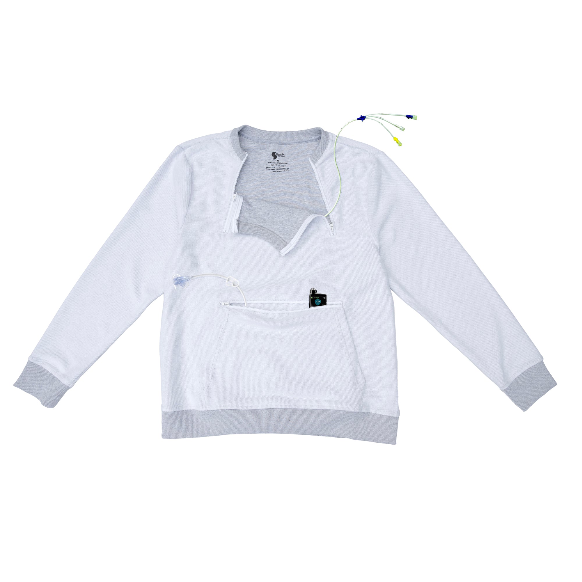 Reverse Triple Zip Crewneck Sweatshirt with medical devices