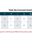 Triple Zip Crewneck Sweatshirt size chart with chest circumference and shirt length measurements.